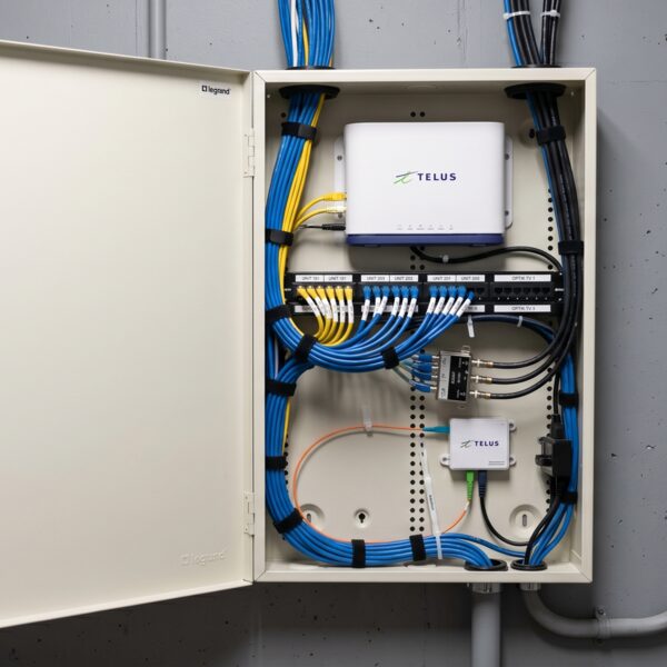 A neatly wired TELUS structured-cabling cabinet with a fibre gateway, a labelled patch panel, and organized blue network cabling